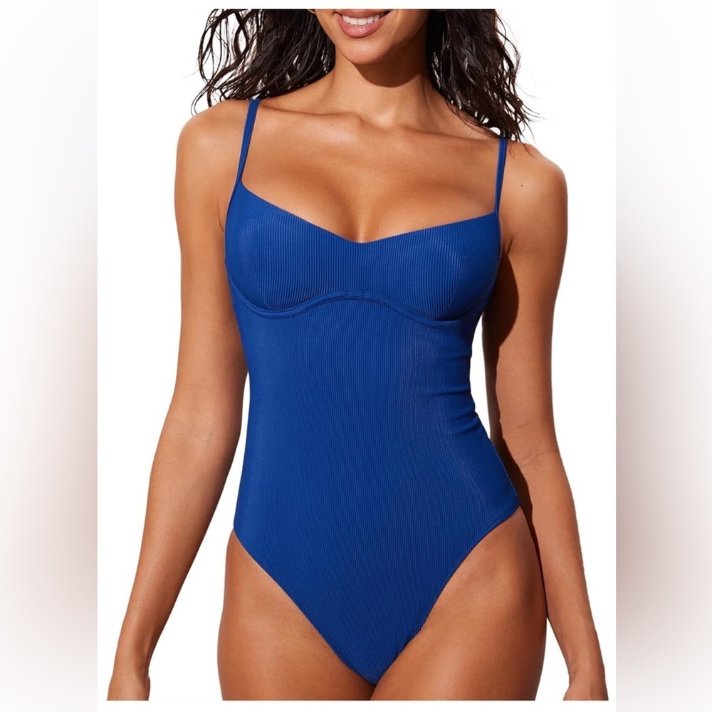 🆕 DOBREVA Women's One Piece Swimsuit, Underwired, Ribbed, V Neck Adjustable SZ M
